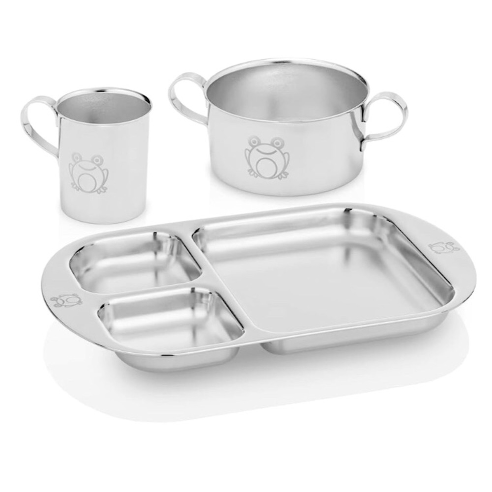 Brand New Without Box! 3 pc Kiddobloom Children Stainless Steel Frog Dinnerware.